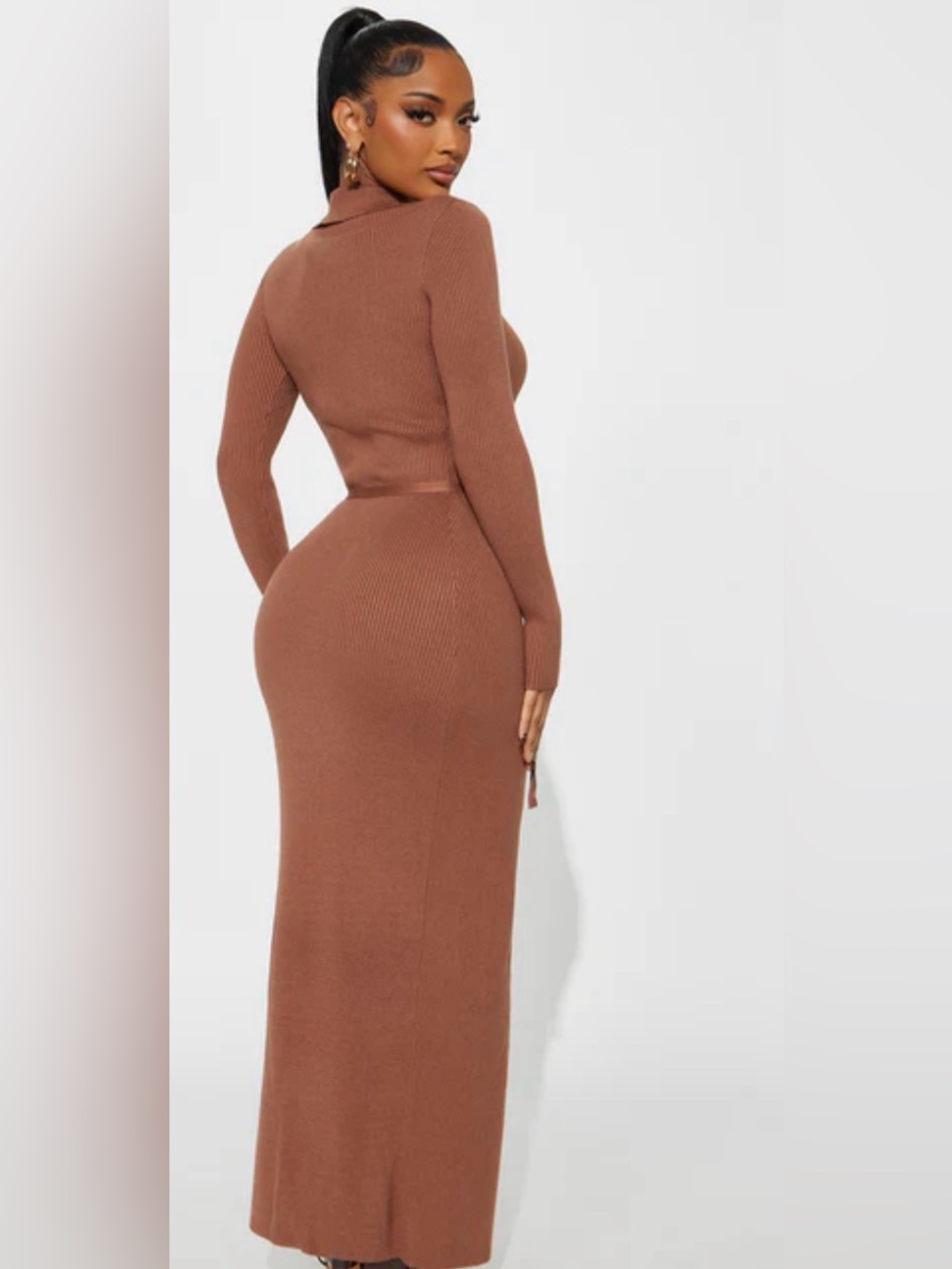 Fashion Nova Peyton Sweater Wrap Maxi Dress - Mocha Size 1X - Picture 3 of 5